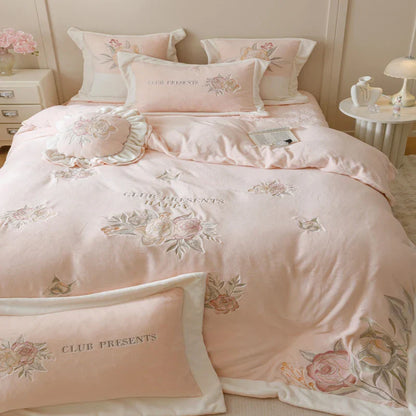 Decobites Pink Flowers Princess Bedding Set with Embroidery Ruffles in Milk Velvet