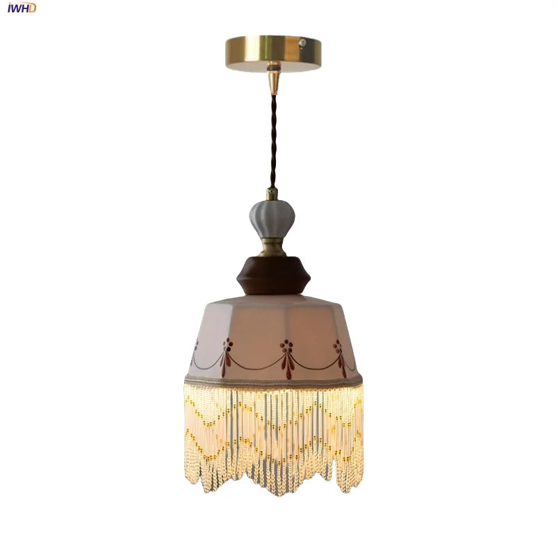 DecorBites™ Brown Wood Ceramic Tassel LED Pendant Lights for Modern Interior Lighting