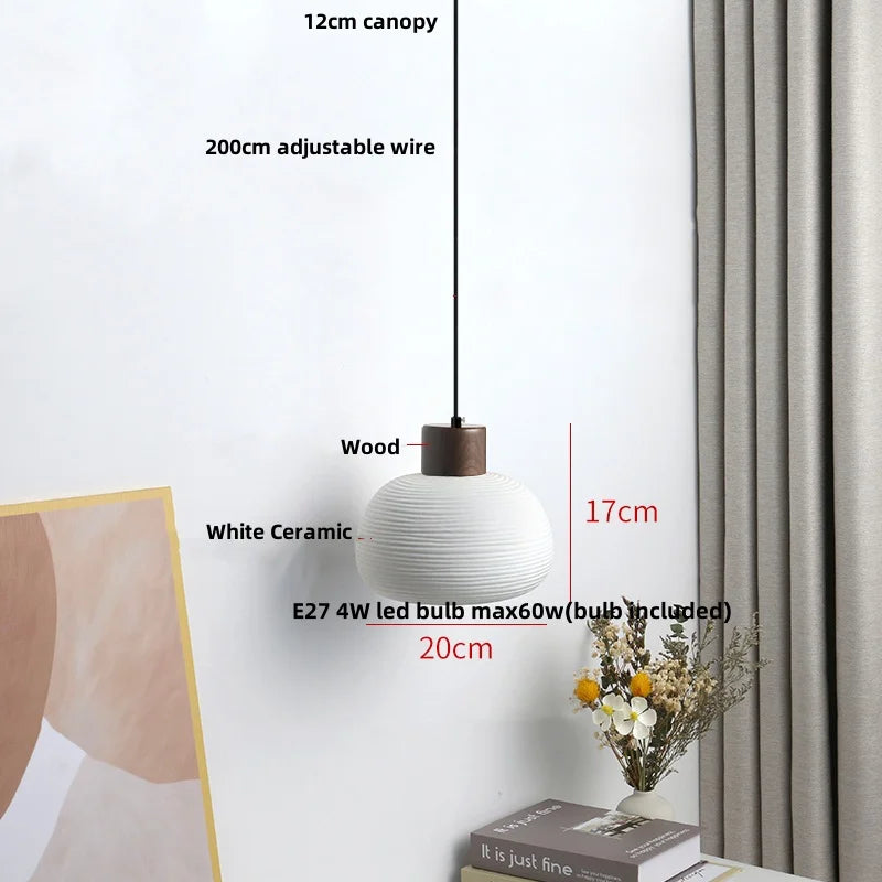DecorBites™ Ceramic LED Pendant Light Fixture - Nordic Modern Wood White Hanging Lamp