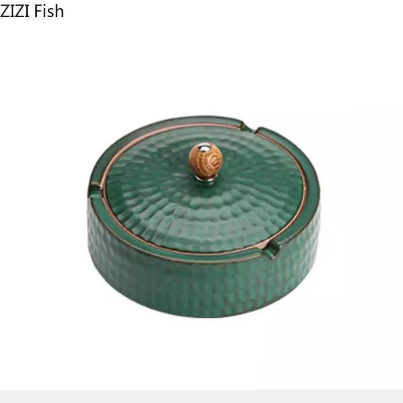 DecorBites™ Green Ceramic Ashtray with Lid - Windproof Hammer Pattern - Smoking Accessories