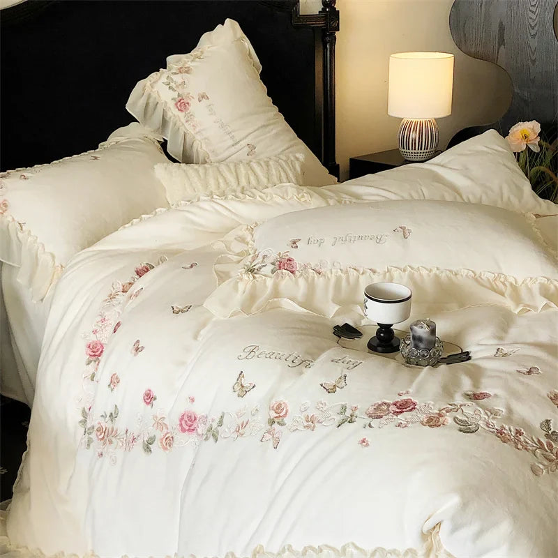 Decobites Rose Butterfly Embroidery Velvet Bedding Set with Lace Details