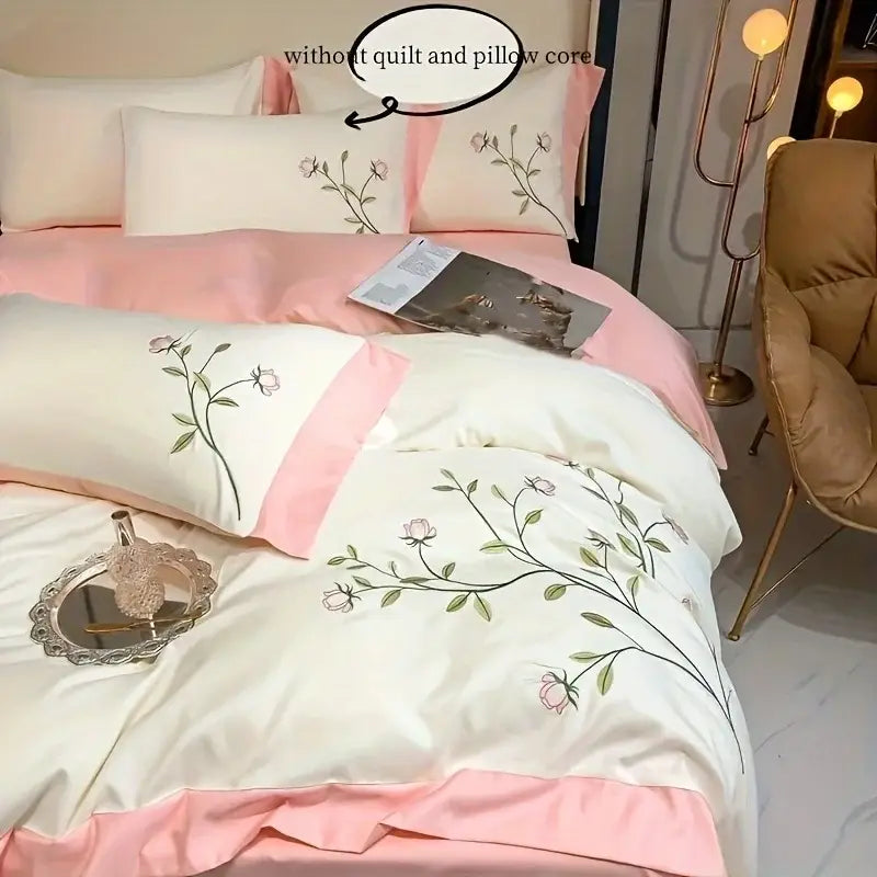DecorBites™ Elegant Embroidery Duvet Cover Set Blue Pink 3 Pieces