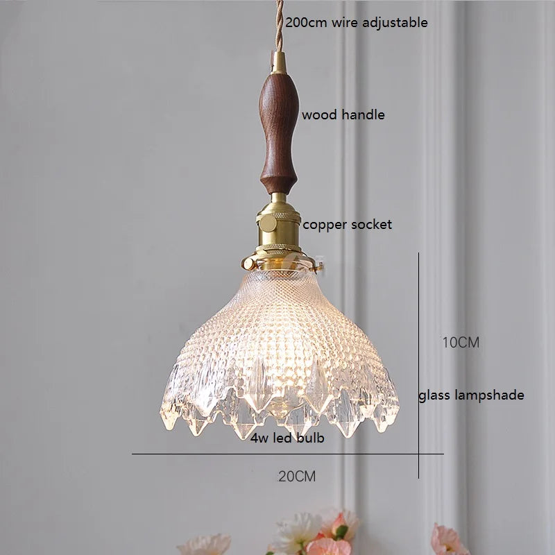 DecorBites™ Green Glass LED Pendant Lamp with Copper Wood Handle for Modern Nordic Home Decor