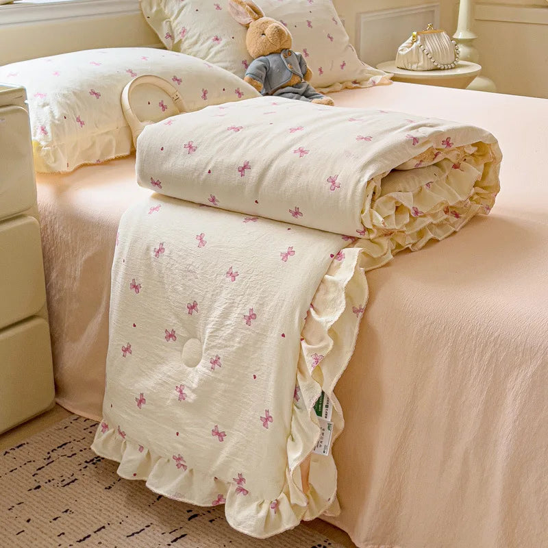 DecorBites™ Korean Cotton Patchwork Quilt with Lace and Ruffle for Summer