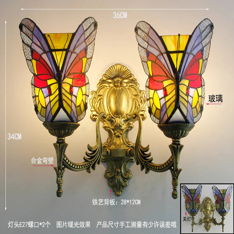 DecorBites™ Butterfly Glass Sconces LED Wall Lamps Tiffany Mediterranean Bedroom Lighting