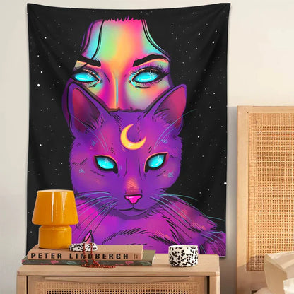 Psychedelic Cat Tapestry Wall Hanging for Bohemian Home Decor by Decobites