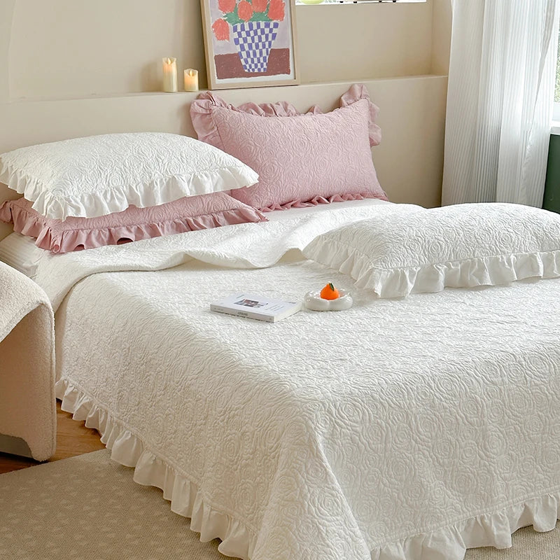 Decobites Rose Flower Bed Cover Set: Quilted Washed Cotton with Lace Ruffles, Two-Sided Design