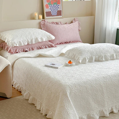 Decobites Rose Flower Bed Cover Set: Quilted Washed Cotton with Lace Ruffles, Two-Sided Design