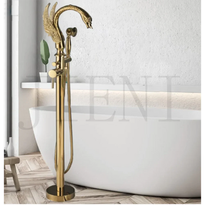 DecorBites™ Brushed Gold High Rise Round Bath Mixer Roman Tub Faucet Set Floor Stand