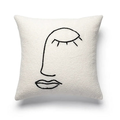 DecorBites™ Lambswool Face Embroidered Cushion Cover 45x45 - Beige White Abstract Art Pillowcase