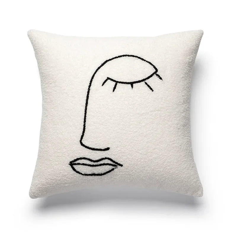 Funda de cojín bordada con rostro de lana de cordero Decorbites™ 45x45 - Beige Blanco Arte Abstracto