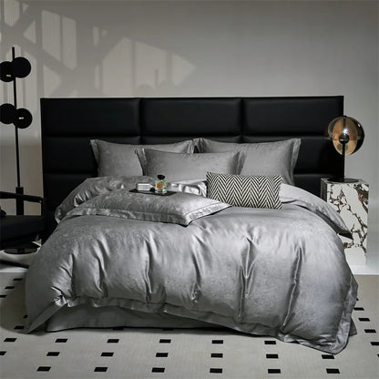 Decobites Luxury Grey Jacquard Cotton Bedding Set with Silky Duvet Cover and Pillowcases