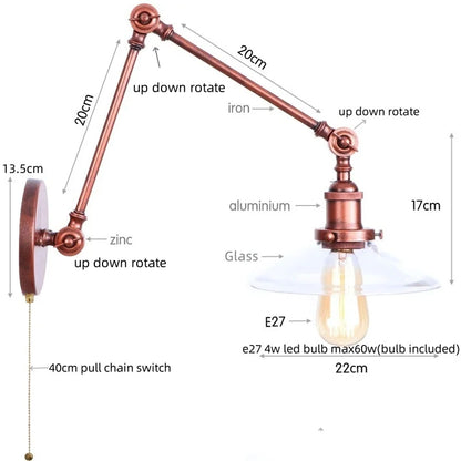 DecorBites™ مصباح حائط LED بذراع دوارة زجاجي قابل للتعديل مع مفتاح سلسلة سحب