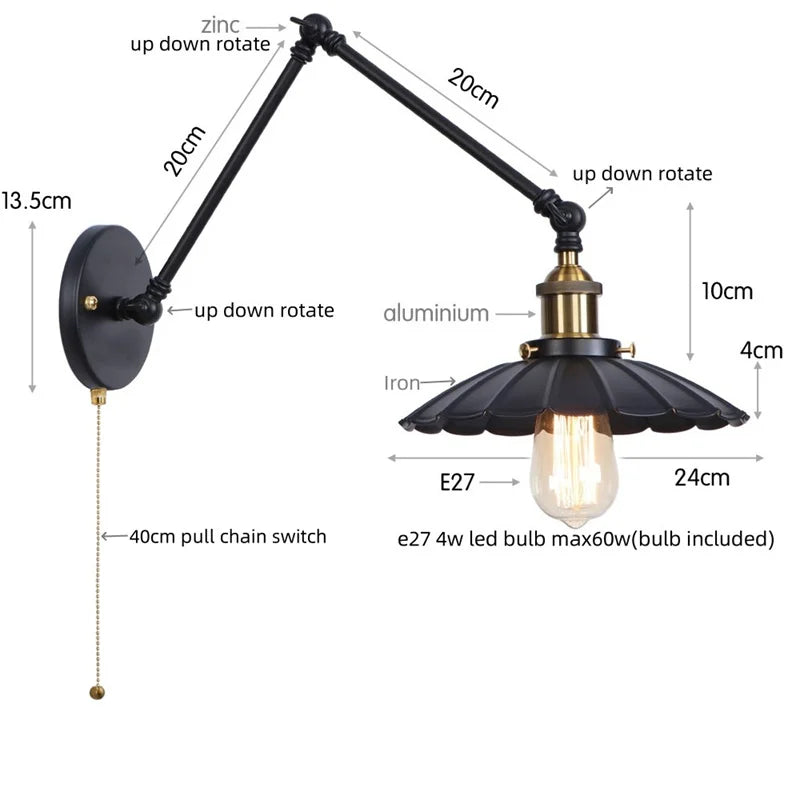 Lámpara de pared LED industrial Gold™ Decorbites con interruptor de cadena para decoración del hogar