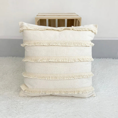 DecorBites™ Boho Style Beige Linen Cushion Cover with Tassels for Home Decor