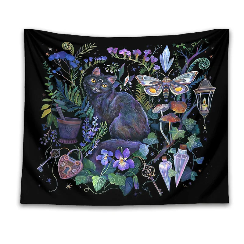 Boho Garden Tapestry Moon Moth Psychedelic Botanical Wall Hanging by Decobites.