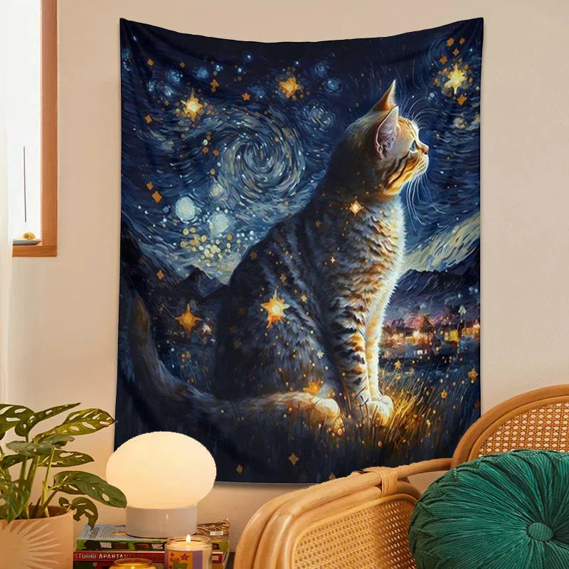 Decobites Starry Night Cat Tapestry: Moon Art Oil Painting Wall Hanging for Boho Home Decor