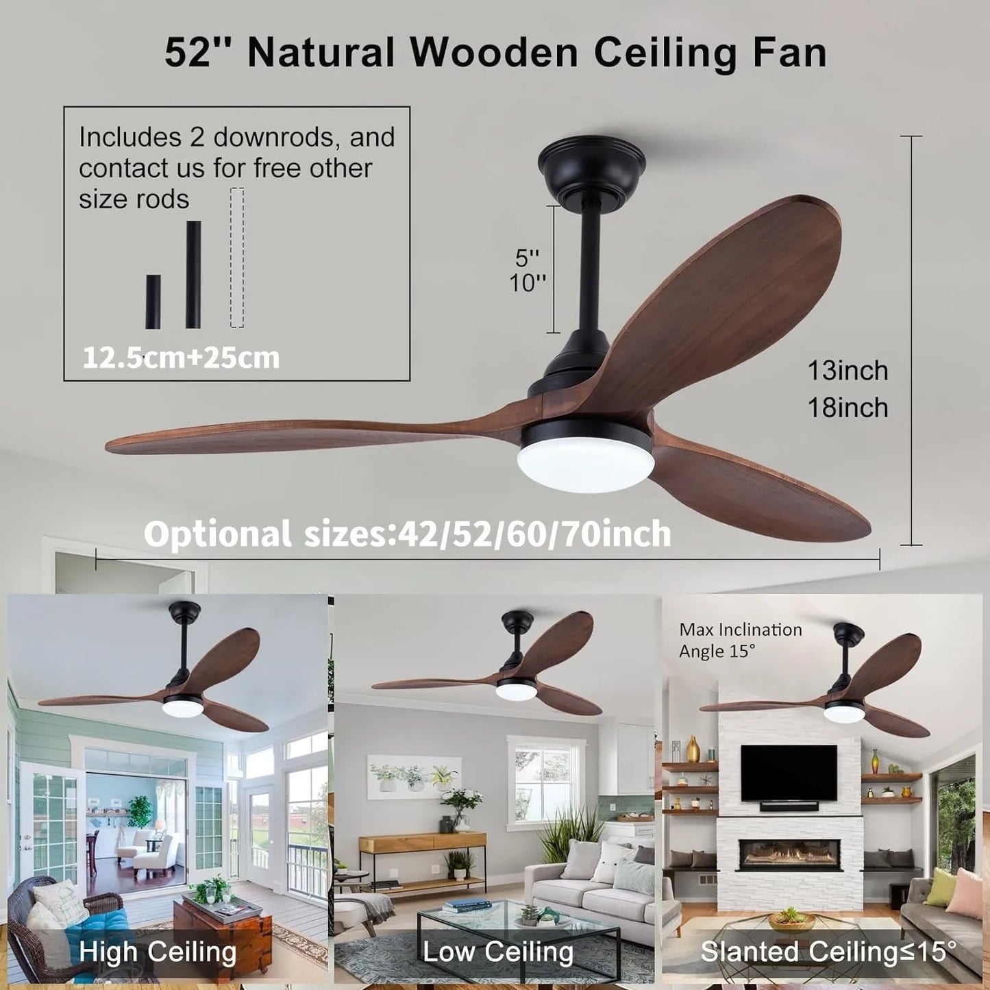 DecorBites™ 52 Inch Wood Blade Ceiling Fan with Remote Control and Lights