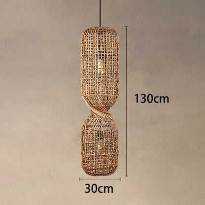 Vintage Hand-Woven Brown Rattan Cylinder Pendant Light
