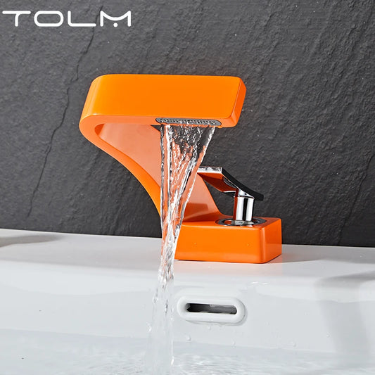 TOLM Basin Faucet Modern Bathroom Mixer Tap Orange Wash basin Faucet Single Handle Hot and Cold Waterfall Faucet Kitchen tap