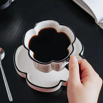 DecorBites™ Black Edged Flower Mug Set - Ceramic Cup & Saucer for Tea, Coffee, and Juice
