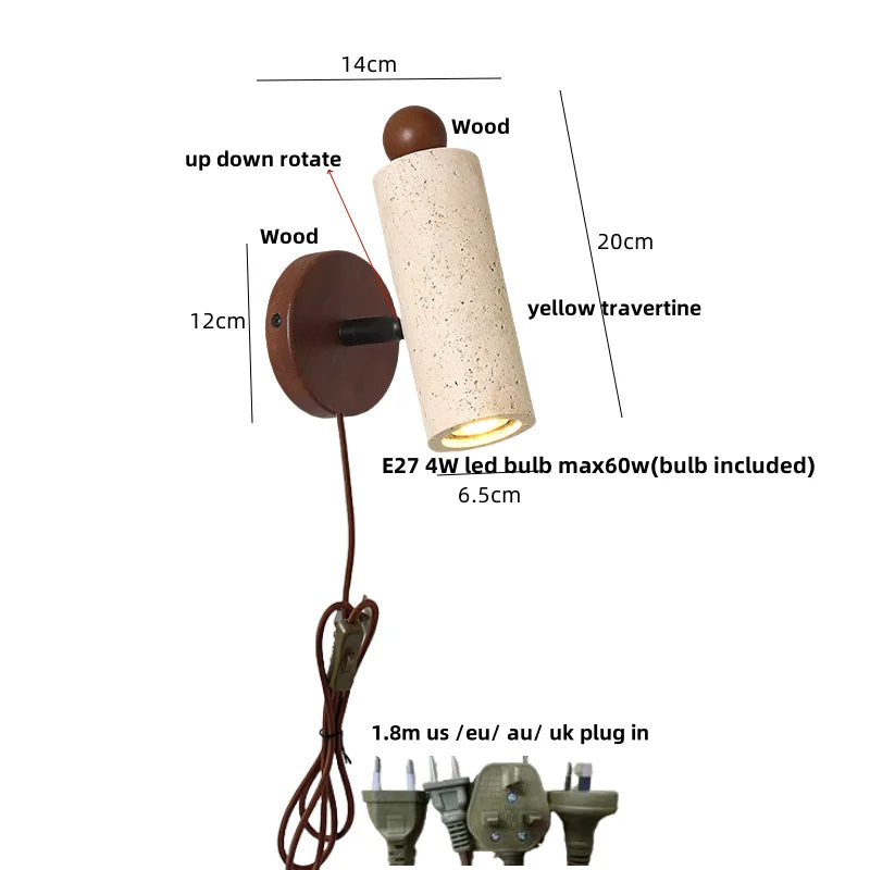 Aplique de pared LED DecorBites™ de madera de travertino amarillo, estilo nórdico moderno, con función de rotación.