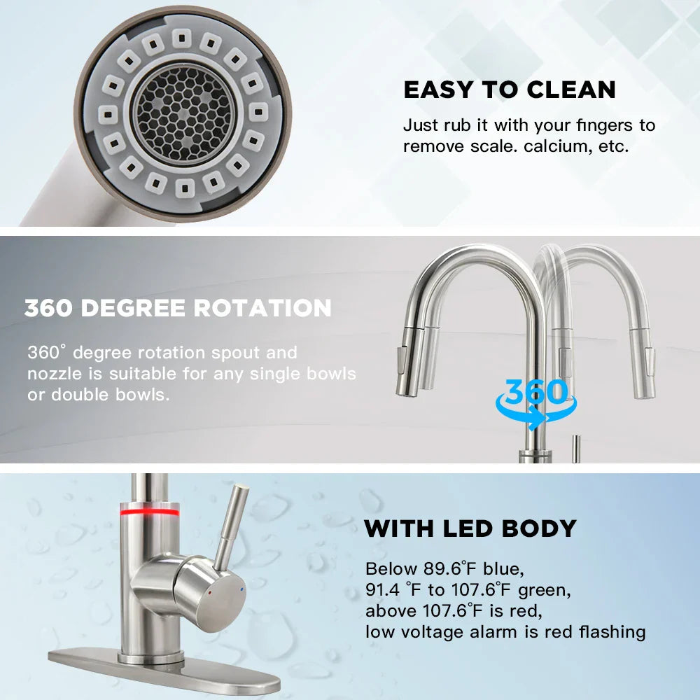 DecorBites™ Black Brass LED Kitchen Faucet, Single Handle Hot&Cold Water Mix Tap