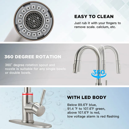 DecorBites™ Black Brass LED Kitchen Faucet, Single Handle Hot&Cold Water Mix Tap