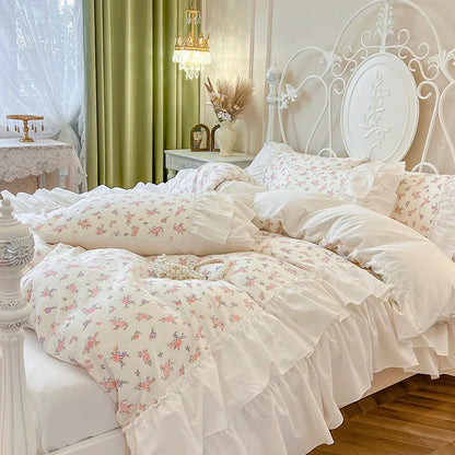 Decobites Cotton Floral Print Bedding Set with Pleat Lace Ruffles, 4-Piece Ensemble