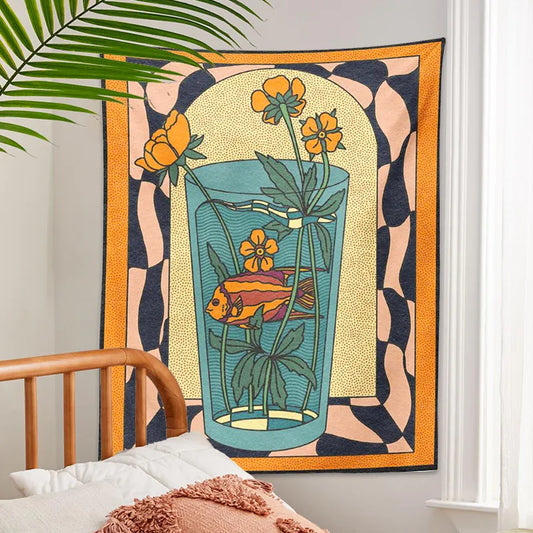 Decobites Psychedelic Vase Goldfish Tapestry Wall Hanging Boujee Chic Boho Art Decor