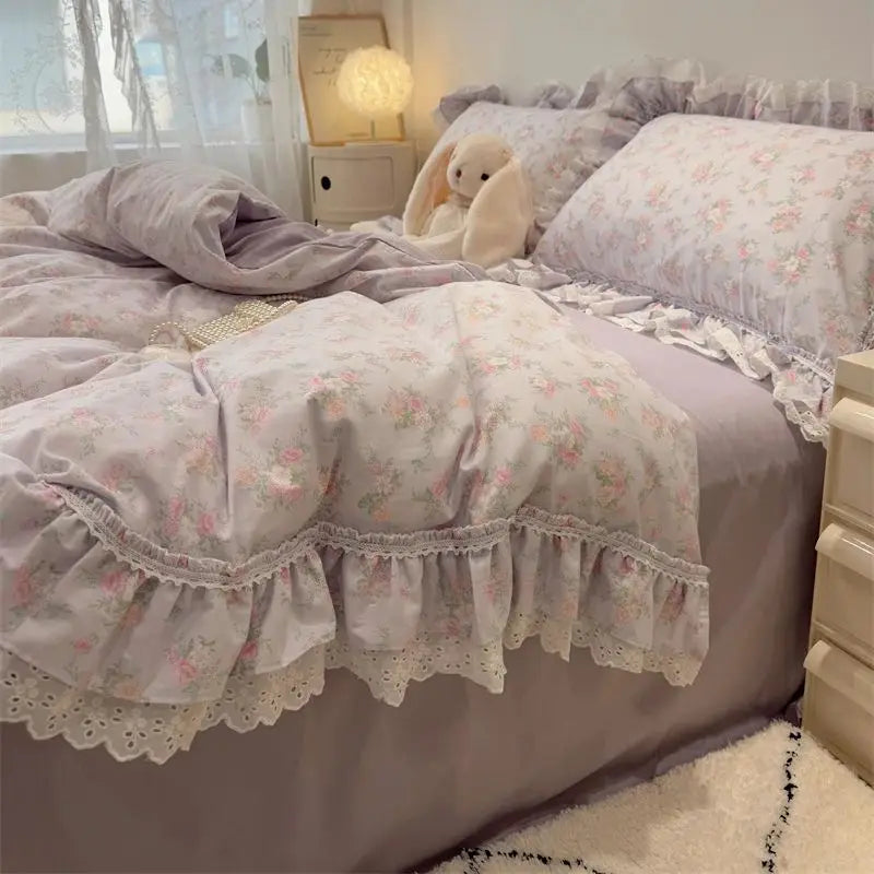 Decobites Princess Style Lace Ruffles Bedding Set - 100% Cotton, 3/4Pcs, Korean Design