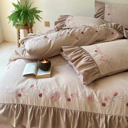 Decobites Korean Princess Style Embroidered Bedding Set with Pleated Ruffles in Egyptian Cotton