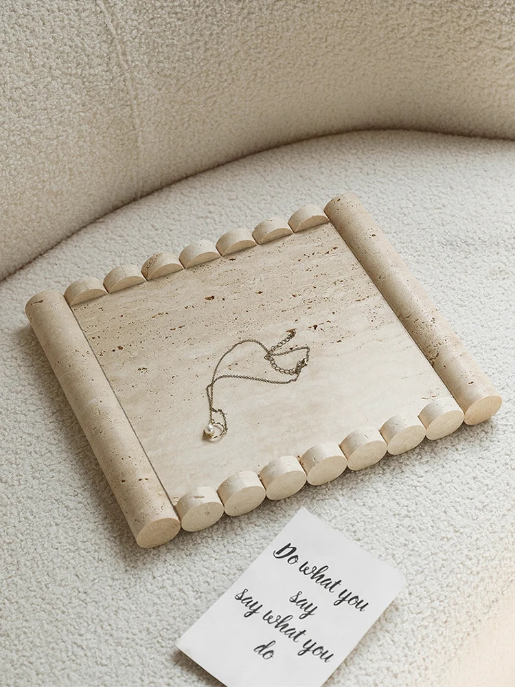 DecorBites™ Beige Travertine Marble Serving Tray - Vintage Natural Stone Plate for Hotel, Party, Snacks