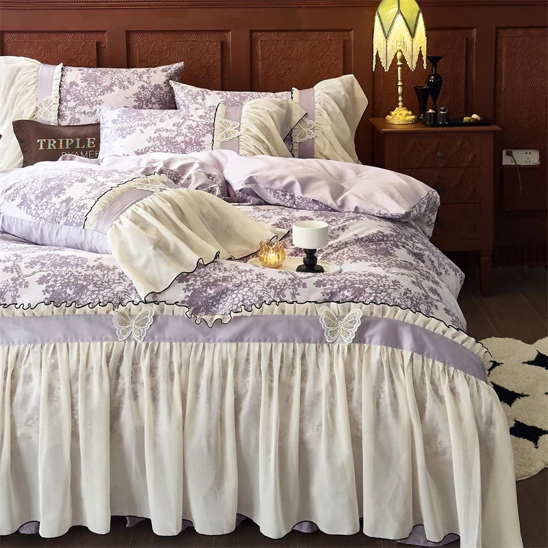 Decobites Exquisite Lace Ruffle Butterfly Egyptian Cotton Bedding Set