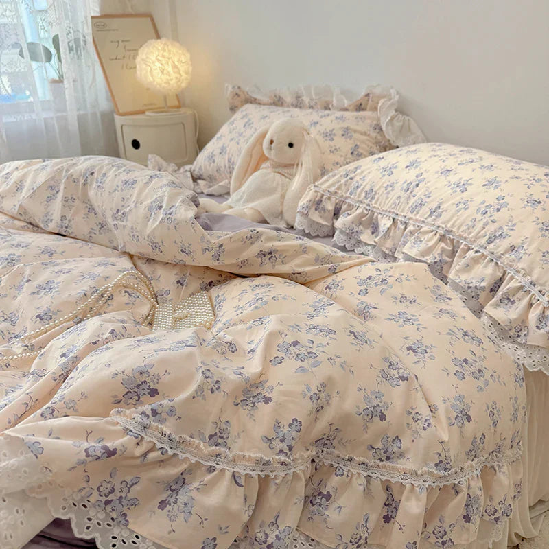 Decobites Princess Style Lace Ruffles Bedding Set - 100% Cotton, 3/4Pcs, Korean Design