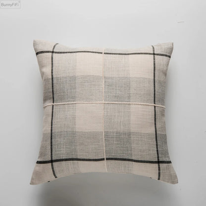 DecorBites™ Brown Grey Stripe Embroidery Cushion Cover Set, Cotton Linen, 45x45cm 60x60cm Home Decor