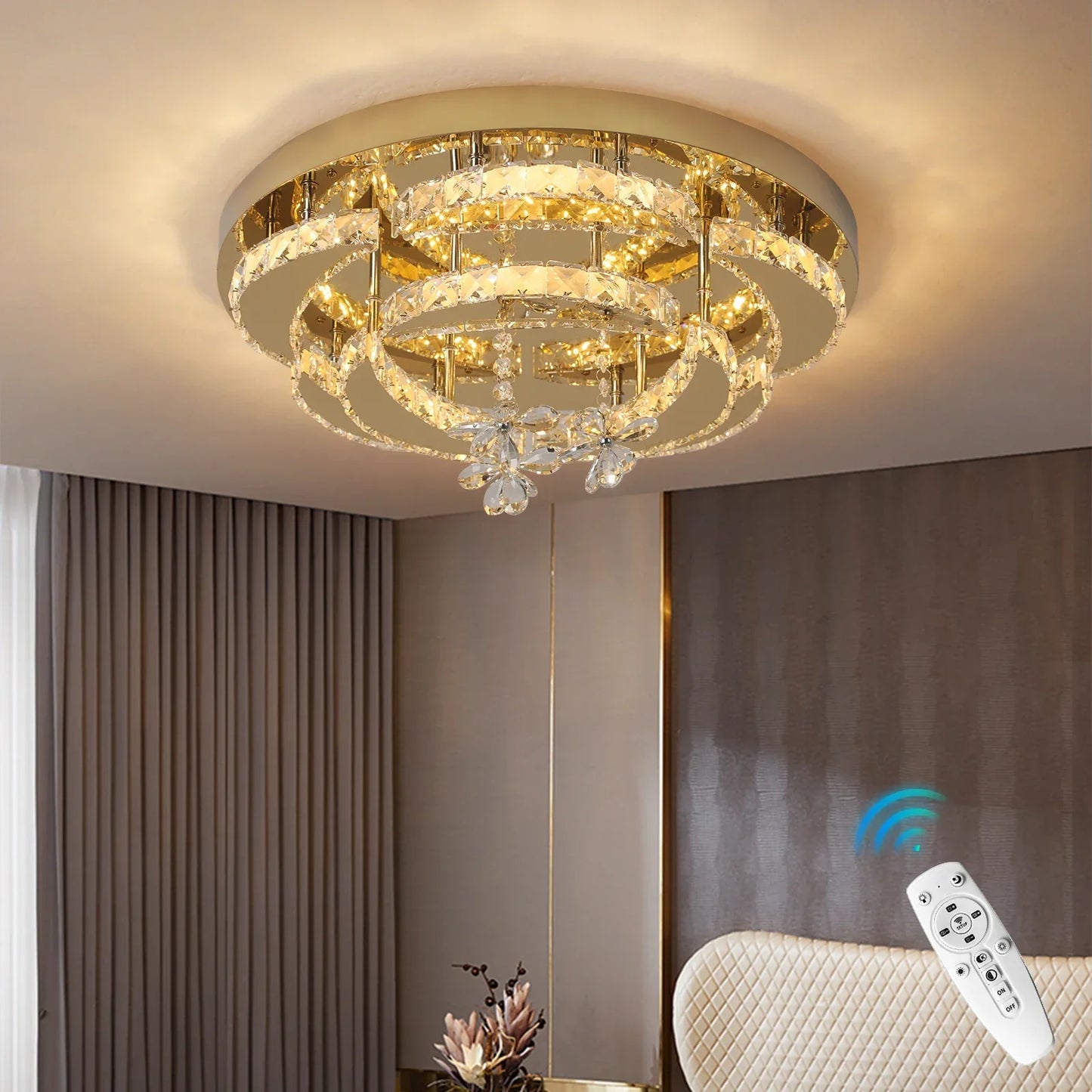 DecorBites™ Crystal Drop Chandelier Ceiling Light with RC Dimming for Modern Home Decor