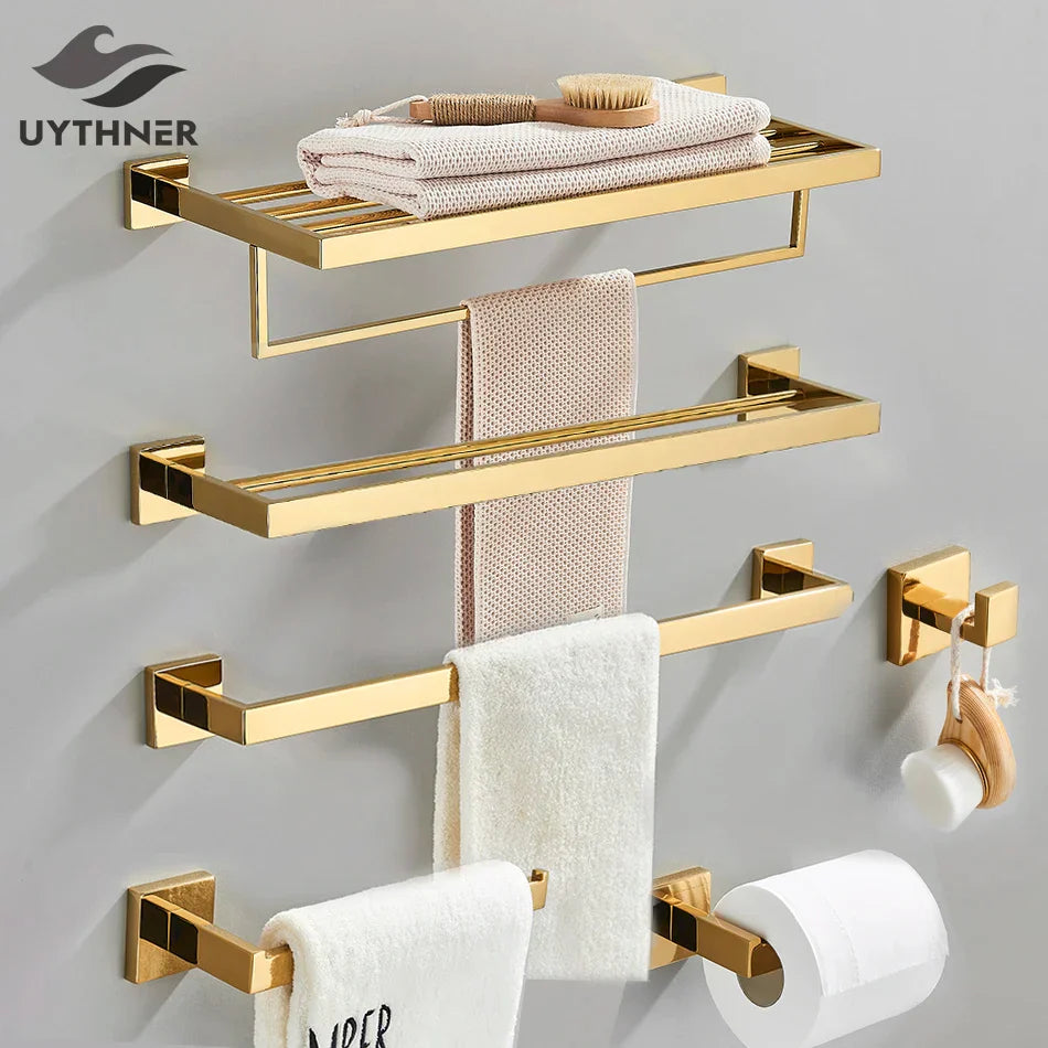 DecorBites™ Gold Bathroom Hardware Set: Hook, Towel Rail, Bar, Shelf, Tissue Holder & More