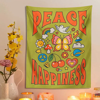 Decobites Hippie Trippy Tapestry: Flower Peace Happiness Butterfly Rainbow Sun Wall Decor