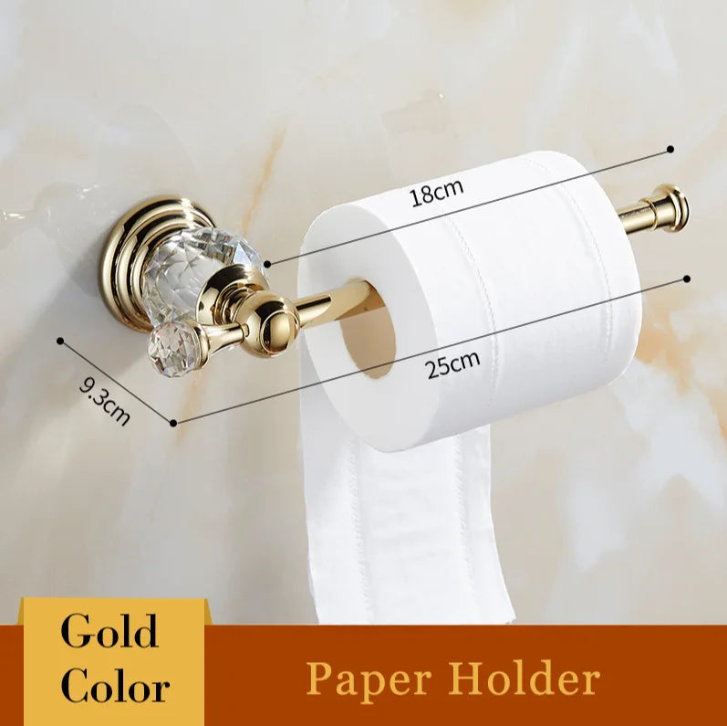 DecorBites™ Brass & Crystal Bathroom Set: Towel Rack, Towel Bar, Paper Holder, Soap Dish