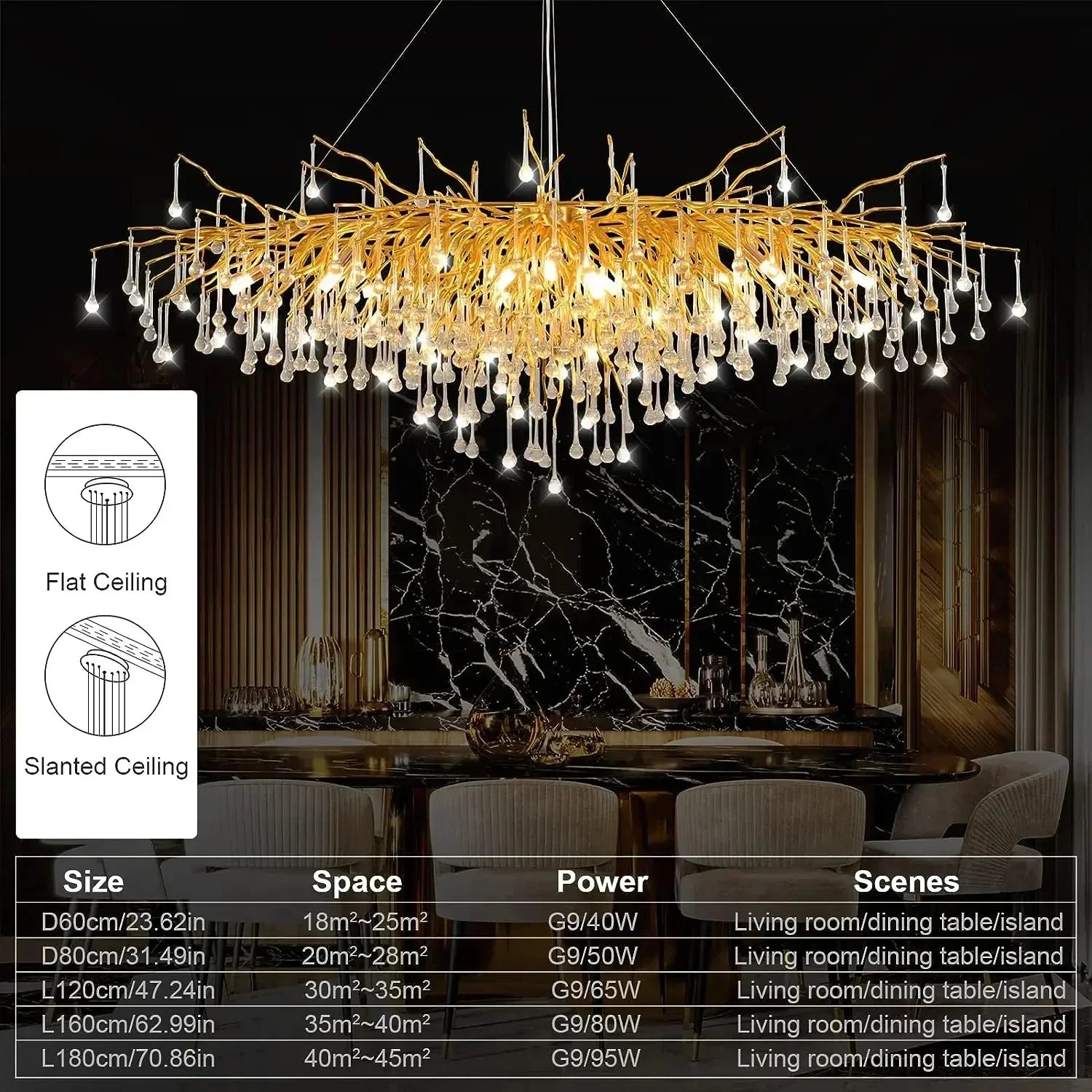Gold Crystal Branch Chandelier Chrome L160cm