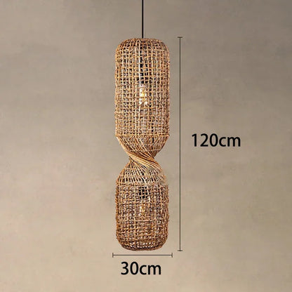 Vintage Hand-Woven Brown Rattan Cylinder Pendant Light