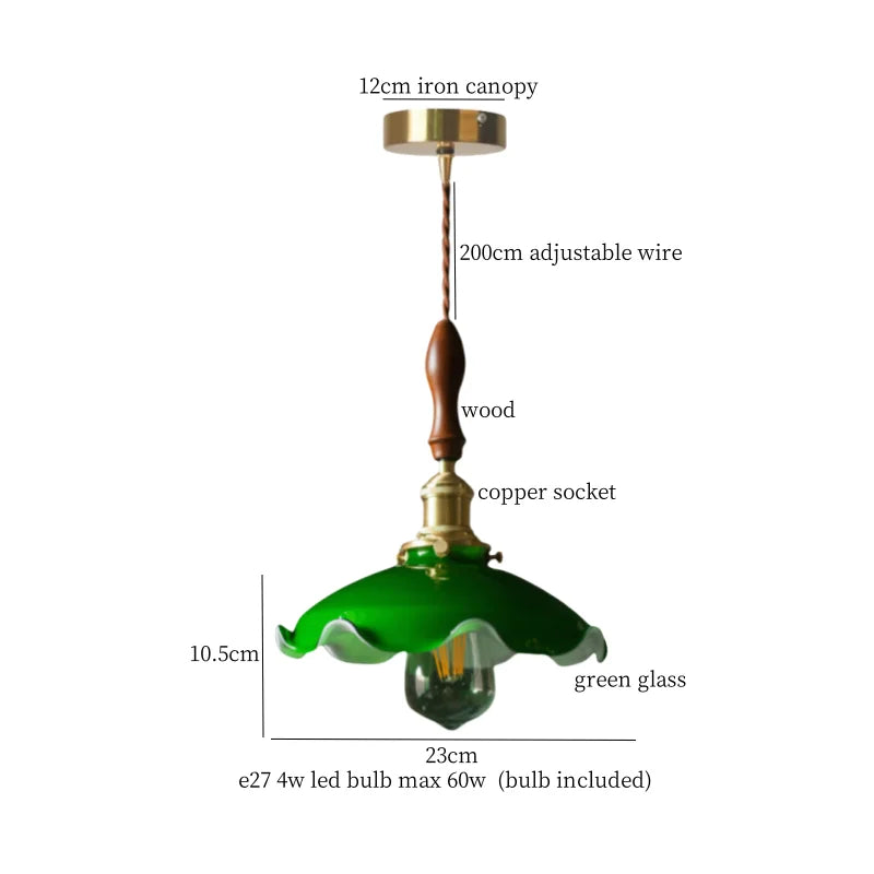 Green Glass Pendant Lamp Copper Base LED Included