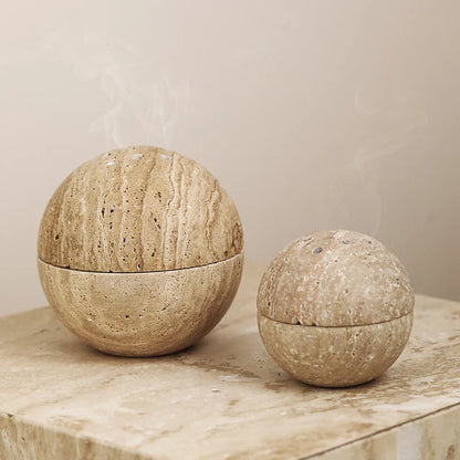 DecorBites™ Beige Travertine Marble 9-Hole Sphere Incense Burner Burner Wood Plate Holder