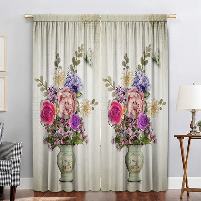 Decobites Flowers Curtains Set with Pole Bag for Home Decoration