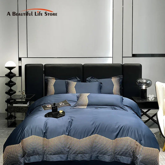 DecorBites™ 1000TC Cotton Embroidery Luxury Bedding Set in Blue White Champagne