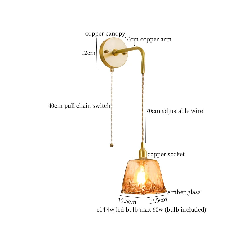 Amber Glass Wall Lamp Pull Chain Switch
