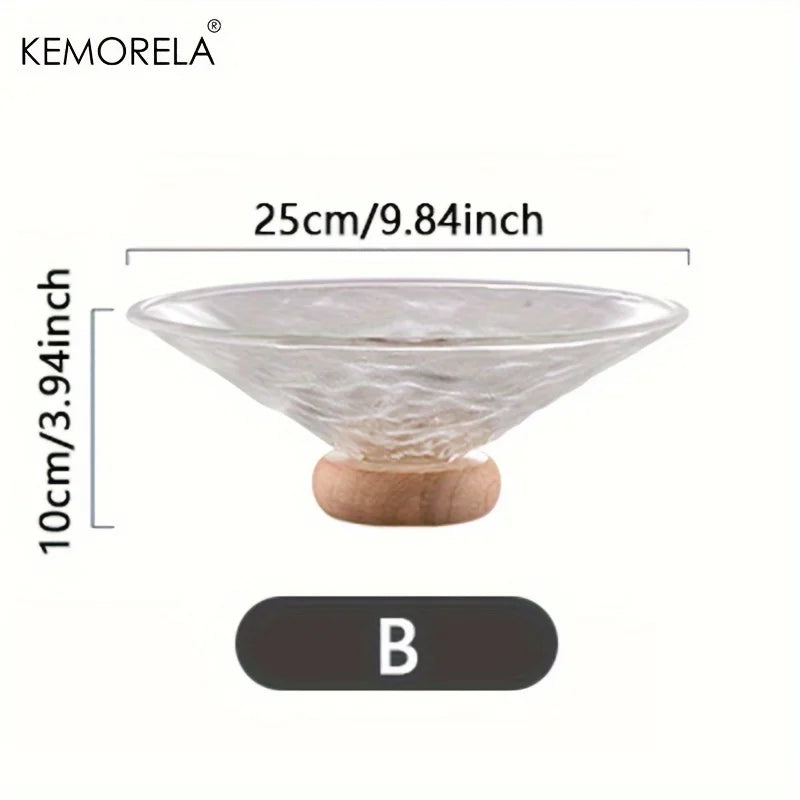 Plato de cristal creativo DecorBites™ para fruta con base de madera | Decoración elegante para el hogar, ideal para la mesa de centro del salón