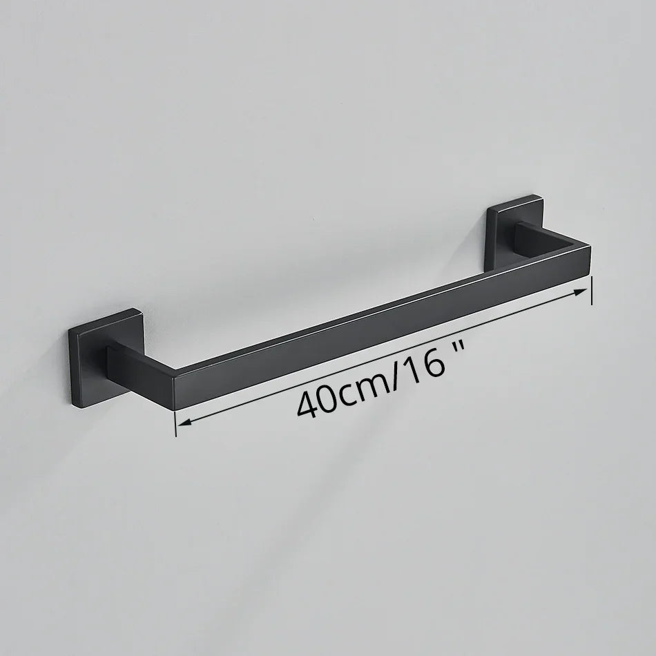 مجموعة إكسسوارات الحمام السوداء من DecorBites™: خطاف رداء، سكة مناشف، رف، حامل مناديل