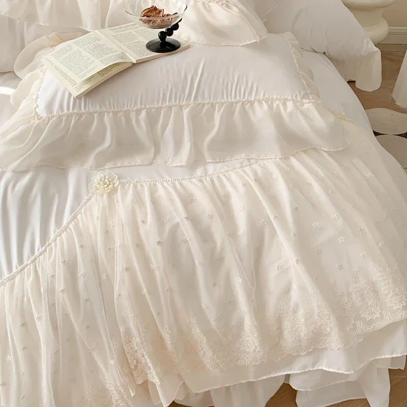 Decobites French Princess Wedding Bedding Set, Cozy Queen King Size Duvet Cover, Bed Sheet